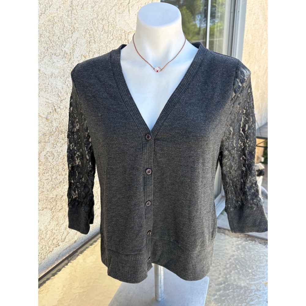 Y2K Tralilbee Gray Lace Sleeve Button Front Cardigan Sweater Large Womens #5
